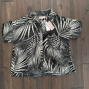 Philosophy Tropical Palm Fern Print Blouse Black & White M NWT